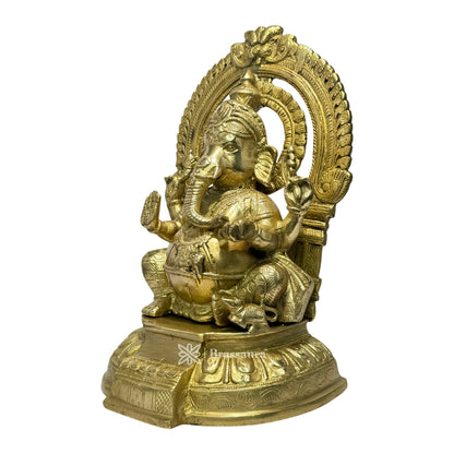 BrassAura Ganesha Sitting on Singhasan Idol Ganesh Bhagwan Ganpati Murti Statue 5.3 Kg Decorative Showpiece - 30.5 cm  (Brass, Gold)