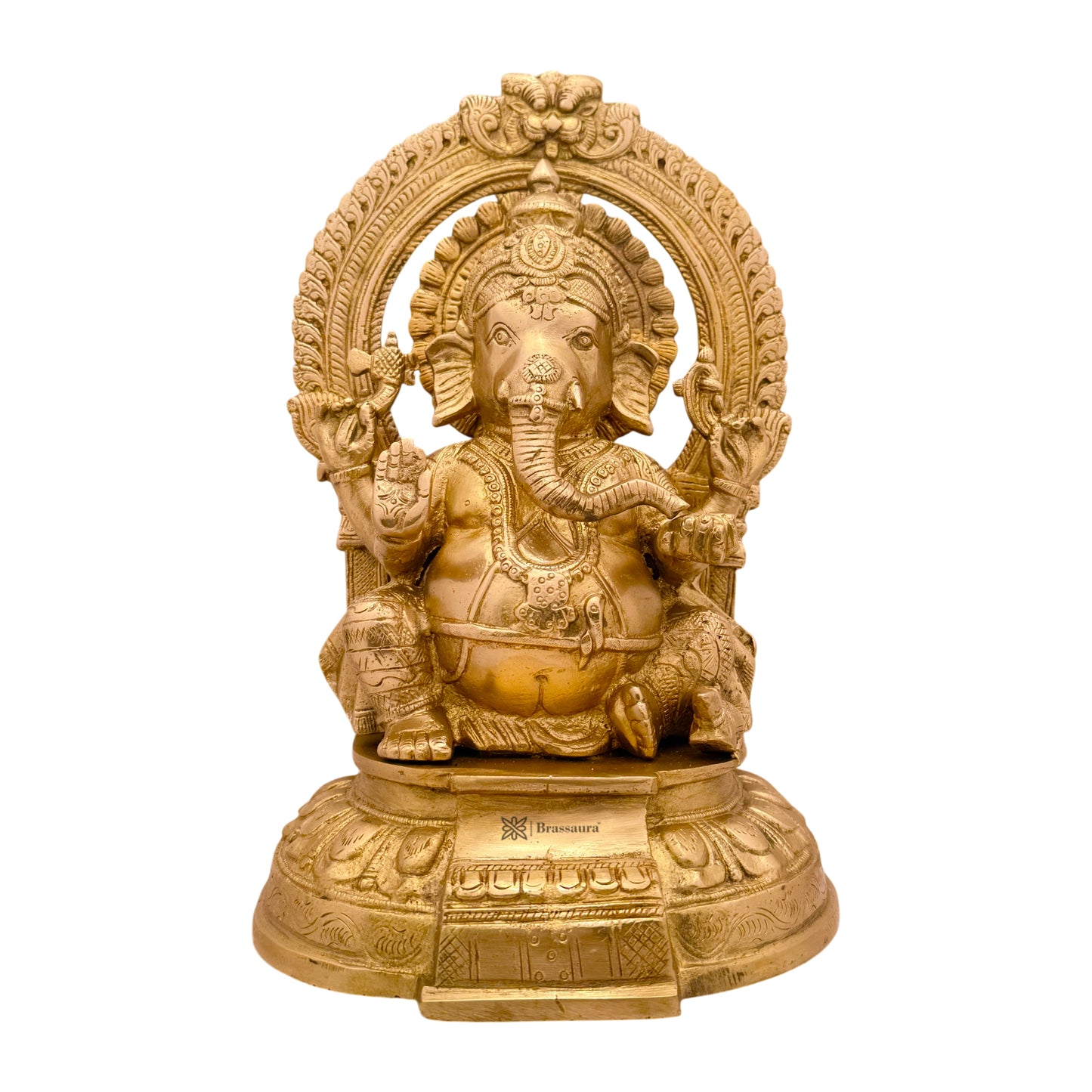 Brassaura™ Brass Ganesha Sitting on Singhasan – Height 12.99 inches | Weight 5.3 kgs