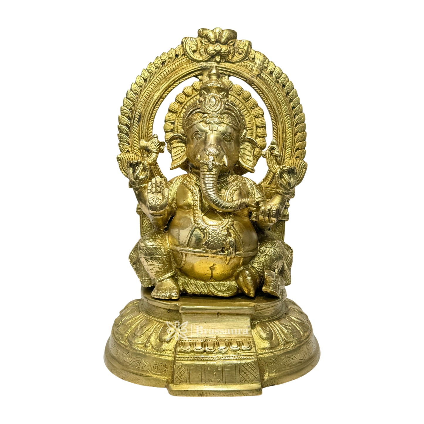 BrassAura Ganesha Sitting on Singhasan Idol Ganesh Bhagwan Ganpati Murti Statue 5.3 Kg Decorative Showpiece - 30.5 cm  (Brass, Gold)