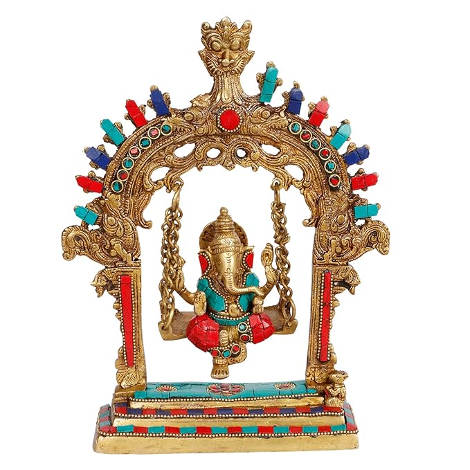 Brassaura™ Brass Gem Stone Work Ganesh Jhula Swing Idol Handwork Kirtimukha Ganesha Swing Statue Ganpati Bappa Jhoola Murti for Luck Home Decor Entrance Gift 28 Cm Weight 1.6 Kg