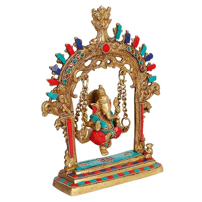 Brassaura™ Brass Gem Stone Work Ganesh Jhula Swing Idol Handwork Kirtimukha Ganesha Swing Statue Ganpati Bappa Jhoola Murti for Luck Home Decor Entrance Gift 28 Cm Weight 1.6 Kg