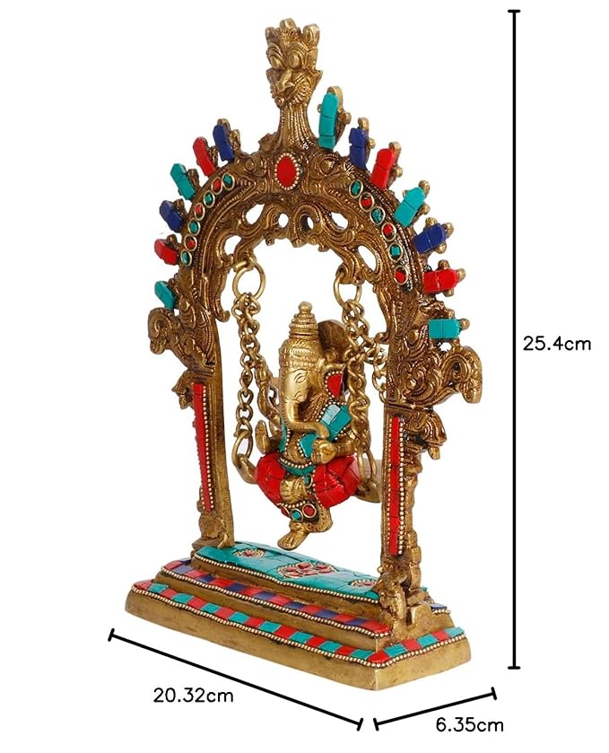 Brassaura™ Brass Gem Stone Work Ganesh Jhula Swing Idol Handwork Kirtimukha Ganesha Swing Statue Ganpati Bappa Jhoola Murti for Luck Home Decor Entrance Gift 28 Cm Weight 1.6 Kg