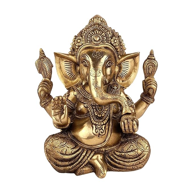 Brassaura™ Brass Ganesha Bhagwan Idol Taj Ganesh Statue Ganpati Murti for Temple Puja Home Entrance Decor Luck Gift Height 25 cm Weight 3.80 Kg