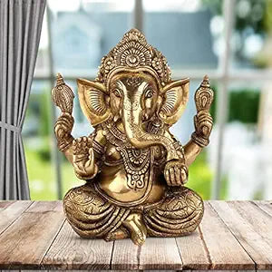 Brassaura™ Brass Ganesha Bhagwan Idol Taj Ganesh Statue Ganpati Murti for Temple Puja Home Entrance Decor Luck Gift Height 25 cm Weight 3.80 Kg