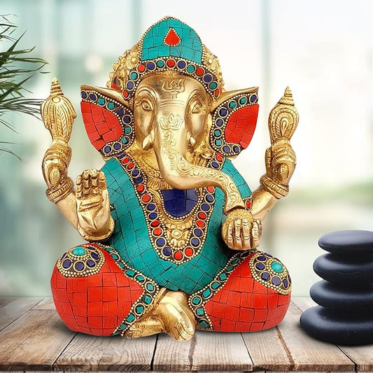 Brassaura™ Brass Gem Stone Work Ganesha Murti for Home and Decor Brass Ganesh Bhagwan Statue for Pooja Room Ganesha Idols for Home Entrace Decor Good Luck Vastu Decoration Weight 1.6 Kg Height 25 cm