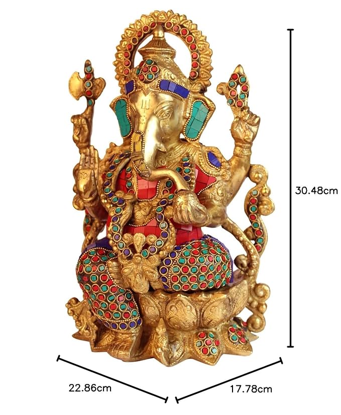 Brassaura™ Brass Gem Stone Inlay Work Lord Jewellary Ganesha Bhagwan Murti Sitting with Mooshak on Lotus Flower Base Idol for Home Decoration Ganpati Statue Diwali Gift Height 33 Cm Weight 7 Kg