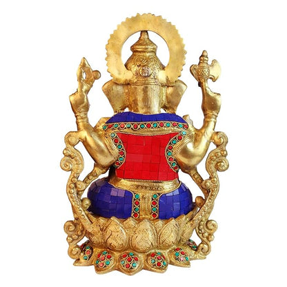 Brassaura™ Brass Gem Stone Inlay Work Lord Jewellary Ganesha Bhagwan Murti Sitting with Mooshak on Lotus Flower Base Idol for Home Decoration Ganpati Statue Diwali Gift Height 33 Cm Weight 7 Kg