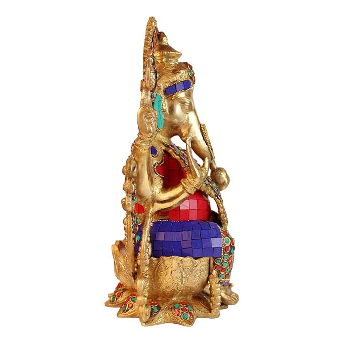 Brassaura™ Brass Gem Stone Inlay Work Lord Jewellary Ganesha Bhagwan Murti Sitting with Mooshak on Lotus Flower Base Idol for Home Decoration Ganpati Statue Diwali Gift Height 33 Cm Weight 7 Kg