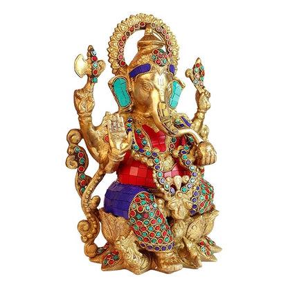 Brassaura™ Brass Gem Stone Inlay Work Lord Jewellary Ganesha Bhagwan Murti Sitting with Mooshak on Lotus Flower Base Idol for Home Decoration Ganpati Statue Diwali Gift Height 33 Cm Weight 7 Kg