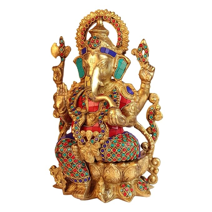 Brassaura™ Brass Gem Stone Inlay Work Lord Jewellary Ganesha Bhagwan Murti Sitting with Mooshak on Lotus Flower Base Idol for Home Decoration Ganpati Statue Diwali Gift Height 33 Cm Weight 7 Kg