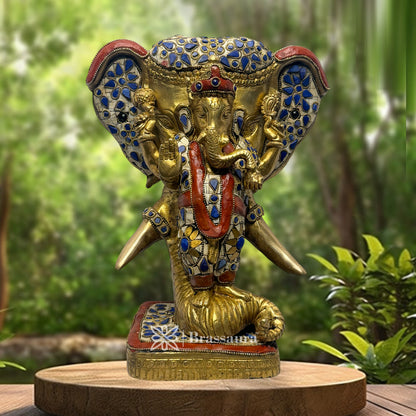 Brassaura™ Brass Gem Stone Work Ganesha and Warrior Elephant Idol Gajanan Bhagwan Statue God Ganpati Murti for Home Pooja Entrace Decor Good Luck Vastu and Home Decor Height 29 cm Weight 8.15 Kg