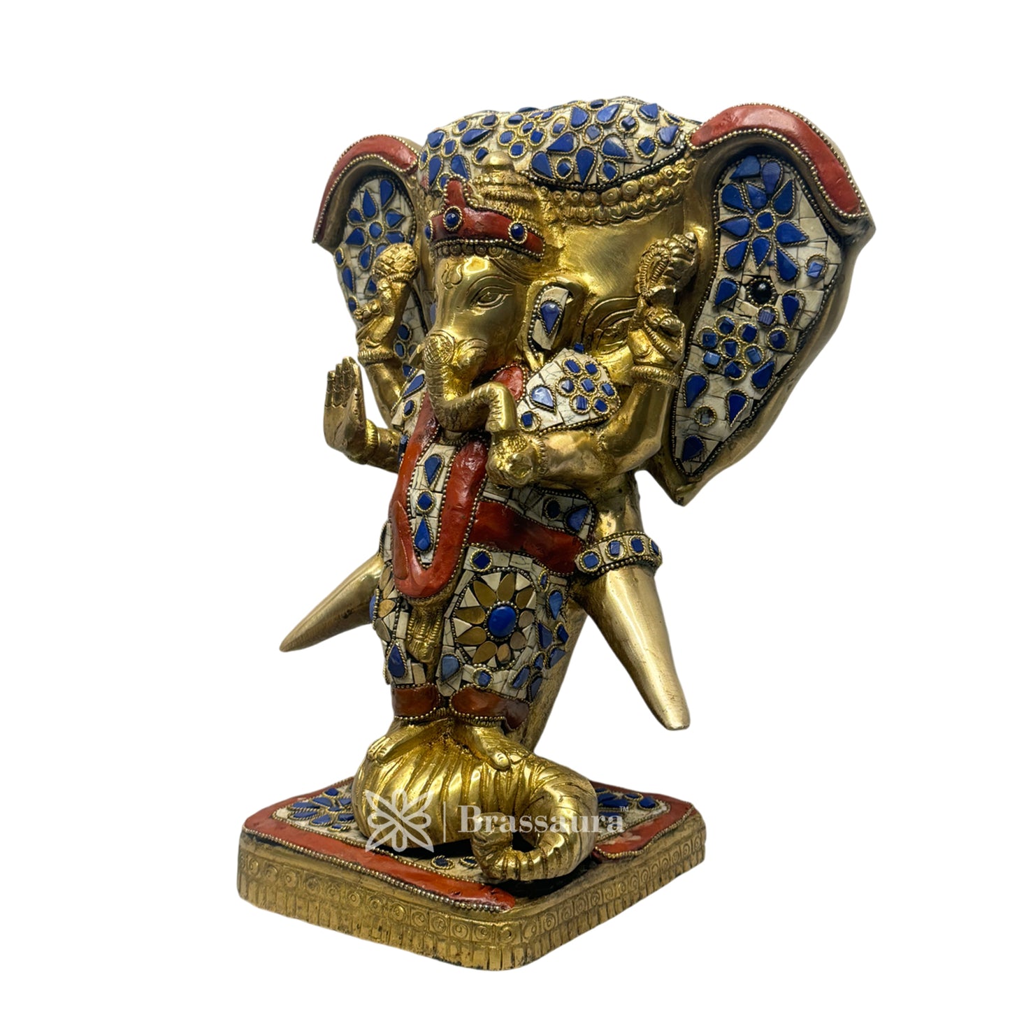 Brassaura™ Brass Gem Stone Work Ganesha and Warrior Elephant Idol Gajanan Bhagwan Statue God Ganpati Murti for Home Pooja Entrace Decor Good Luck Vastu and Home Decor Height 29 cm Weight 8.15 Kg