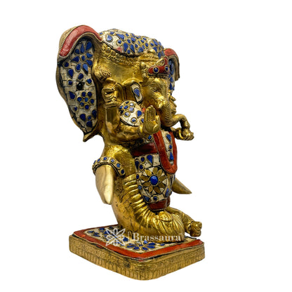 Brassaura™ Brass Gem Stone Work Ganesha and Warrior Elephant Idol Gajanan Bhagwan Statue God Ganpati Murti for Home Pooja Entrace Decor Good Luck Vastu and Home Decor Height 29 cm Weight 8.15 Kg