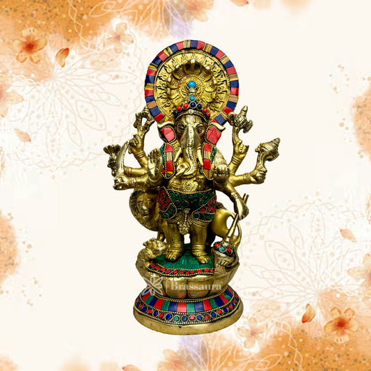 Brassaura™ Brass Gem Stone Work Ganesha Murti for Home and Decor Brass Ganesh Bhagwan Statue for Pooja Room Ganesha Idols for Home Entrace Decor Good Luck Vastu Decoration Weight 4 Kg Height 33 cm