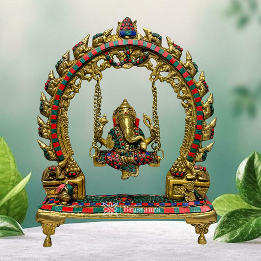 Brassaura™ Brass Gem Stone Work Ganesha Murti for Home and Decor Brass Ganesh Bhagwan Statue for Pooja Room Ganesha Idols for Home Entrace Decor Good Luck Vastu Decoration Weight 5.2 Kg Height 37 cm