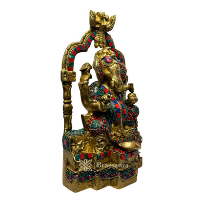 Brassaura™ Brass Multi Gem Stone Work Ganesha Idol Ganesha Ring Statue Ganpati Bappa Diya Murti for Home Decor Home Warming Diwali Pooja Festival Gift Ganesha Chaturthi Wight 7.5 Kg Height 36 cm