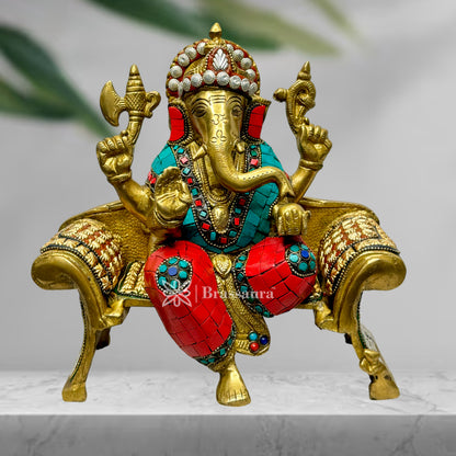 Brassaura™ Brass Multi Gem Stone Work Ganesha Idol Ganesha Statue Ganpati Bappa Murti for Home Decor Home Warming Warming Diwali Pooja Festival Gift Ganesha Chaturthi Weight 5.7 Kg Height 24 cm