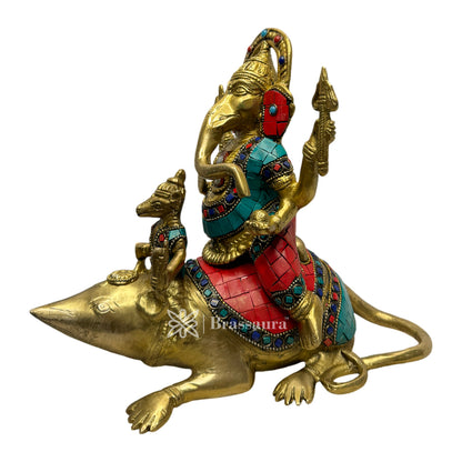 Brassaura™ Brass Gem Stone Work Ganesha and Mouse Idol Ganesha and Moshak Raaj Statue for Home Decor Home Warming Warming Diwali Pooja Festival Gift Ganesha Chaturthi Weight 3.85 Kg Height 21 cm