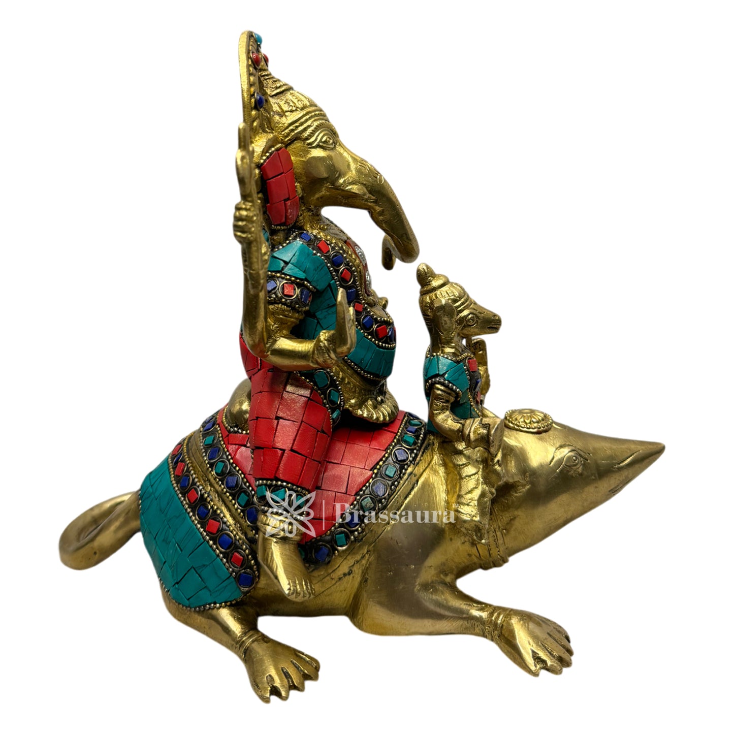 Brassaura™ Brass Gem Stone Work Ganesha and Mouse Idol Ganesha and Moshak Raaj Statue for Home Decor Home Warming Warming Diwali Pooja Festival Gift Ganesha Chaturthi Weight 3.85 Kg Height 21 cm