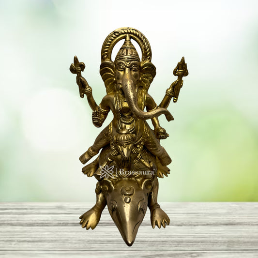 Brassaura™ Brass Golden Color Ganesha and Mouse Idol Ganesha and Moshak Raaj Statue for Home Decor Home Warming Warming Diwali Pooja Festival Gift Ganesha Chaturthi Weight 3.65 Kg Height 21 cm