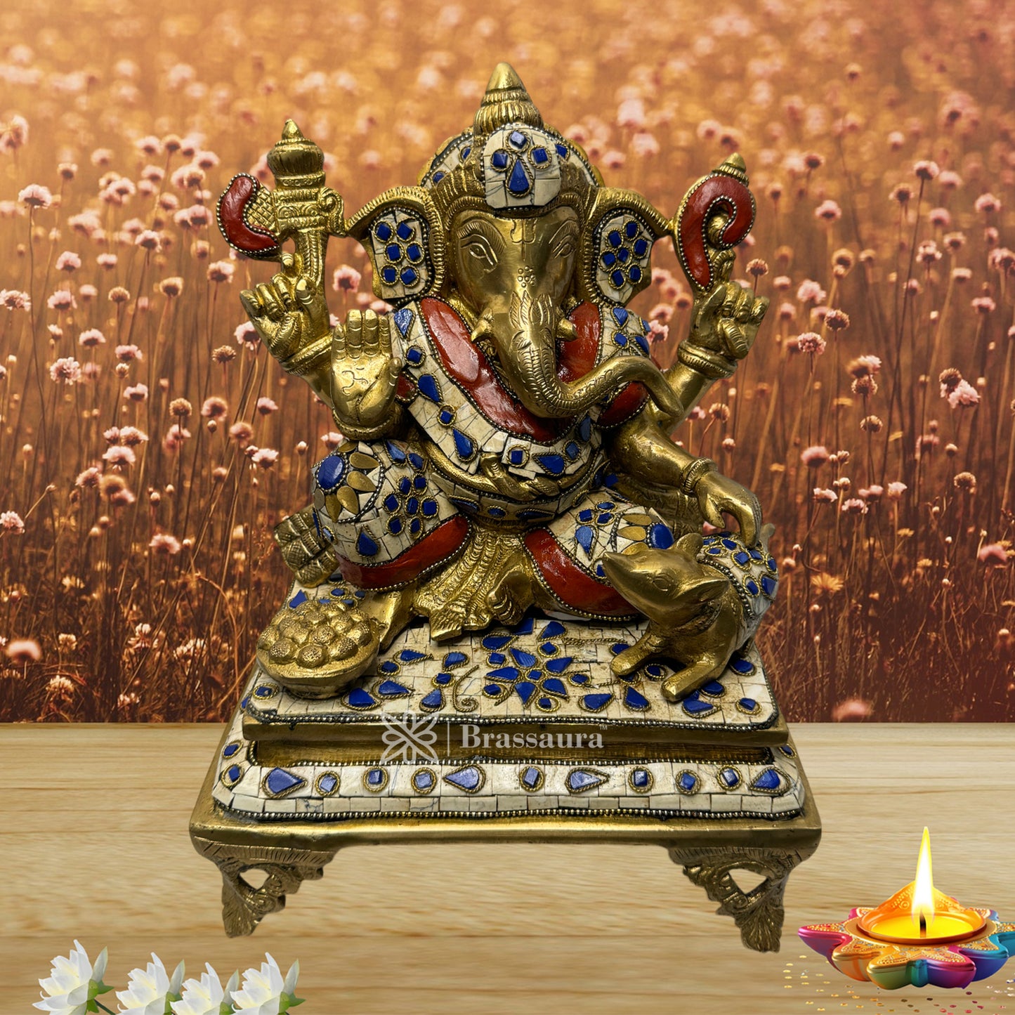 Brassaura™ Brass Gem Stone Work Fruit Ganesha Idol Fall Ganesha Statue for Home Decor Home Warming Diwali Pooja Festival Gift Ganesha Chaturthi Quality Weght 7.45 Kg Height 29 cm