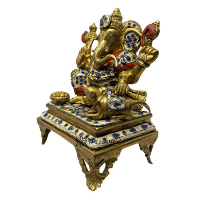 Brassaura™ Brass Gem Stone Work Fruit Ganesha Idol Fall Ganesha Statue for Home Decor Home Warming Diwali Pooja Festival Gift Ganesha Chaturthi Quality Weght 7.45 Kg Height 29 cm