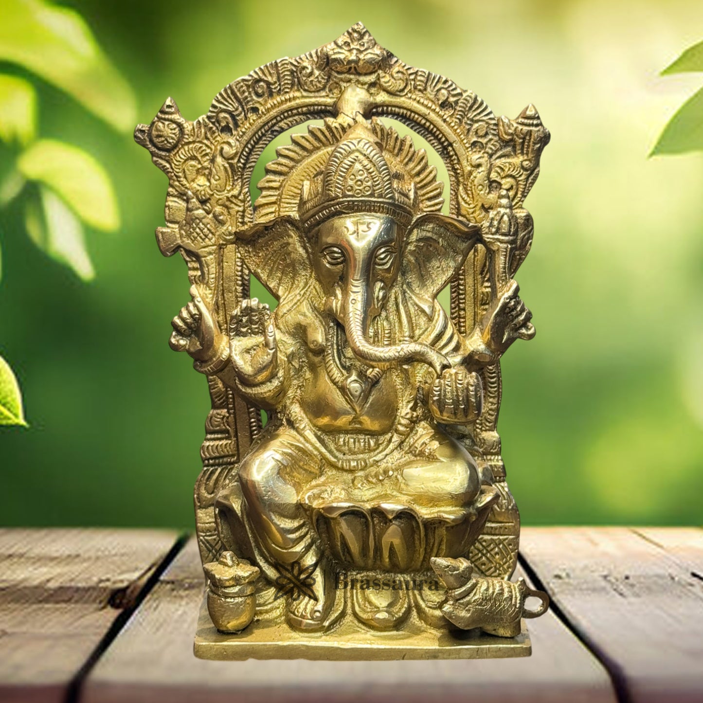 Brassaura™ Brass Golden Ganesha Murti for Home and Decor Brass Ganesh Bhagwan Statue for Pooja Ganesha Ring Idol for Home Entrace Decor Decoration Weight 1.9 Kg Height 22 cm