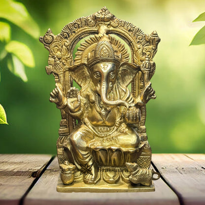 Brassaura™ Brass Golden Ganesha Murti for Home and Decor Brass Ganesh Bhagwan Statue for Pooja Ganesha Ring Idol for Home Entrace Decor Decoration Weight 1.9 Kg Height 22 cm