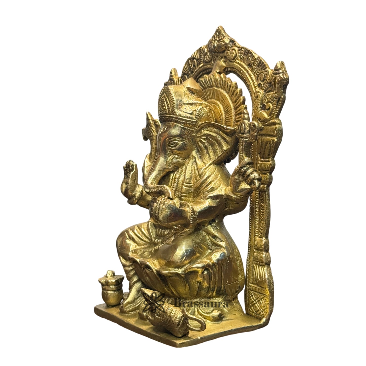 Brassaura™ Brass Golden Ganesha Murti for Home and Decor Brass Ganesh Bhagwan Statue for Pooja Ganesha Ring Idol for Home Entrace Decor Decoration Weight 1.9 Kg Height 22 cm