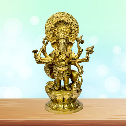 BrassAura Standing Ganesha StatueBrass Murti oflord Ganpati Ashtabhuja-Dhari 4 Kg Decorative Showpiece - 28 cm  (Brass, Multicolor)