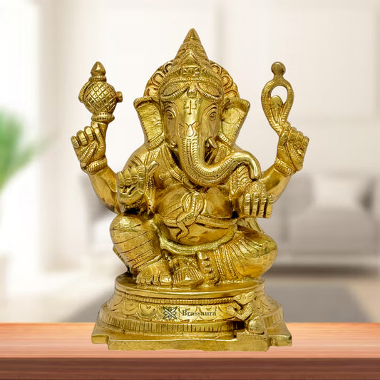 Brass Golden Sitting Ganesha On Chowki Murti for Home and Decor Weight 2.3 Kg Height 23 cm