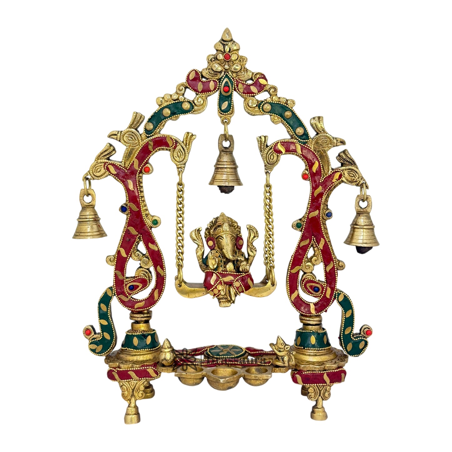 Brass Gem Stone Work Ganesha Jhula Murti for Home and Decor Weight 2.8 Kg Height 35 cm