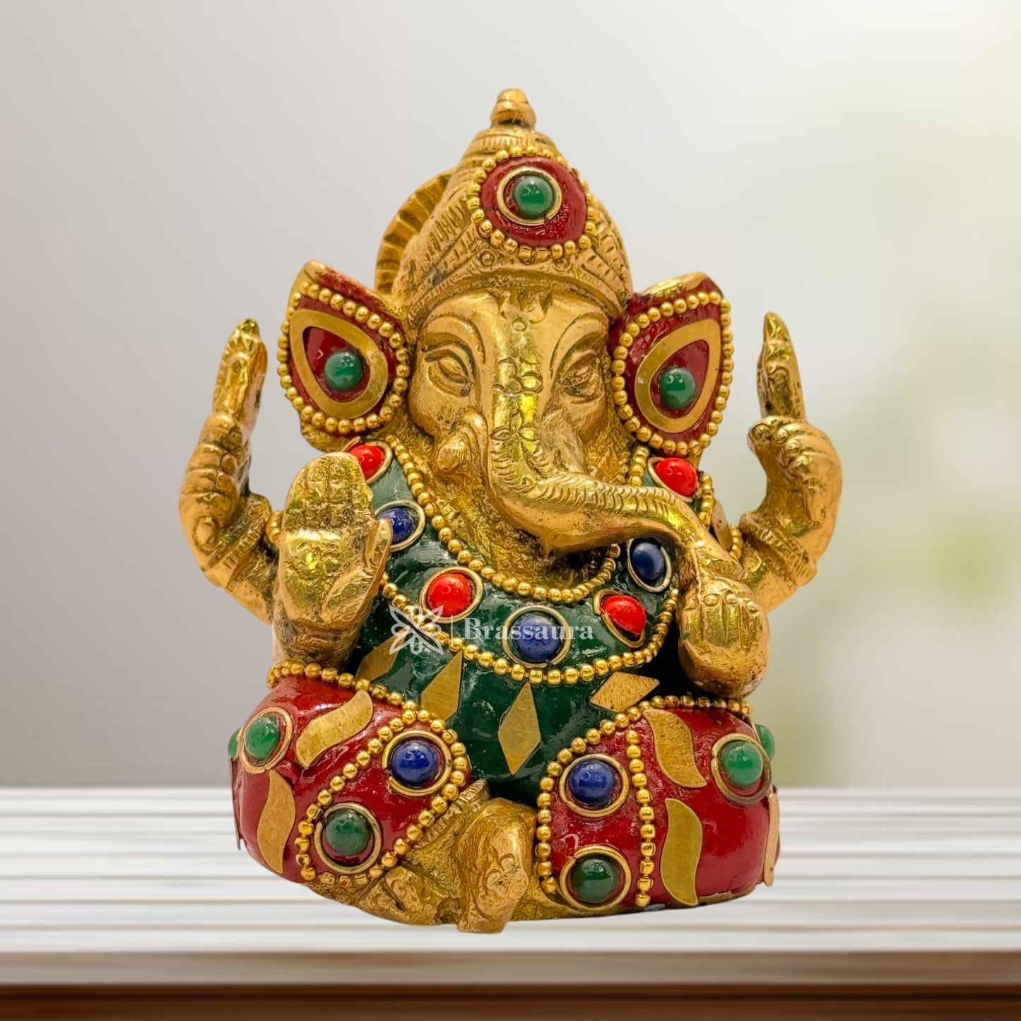 Brass Gem Stone Work Ganesha Statue for Home and Decor Weight .650 Kg Height 9 cm