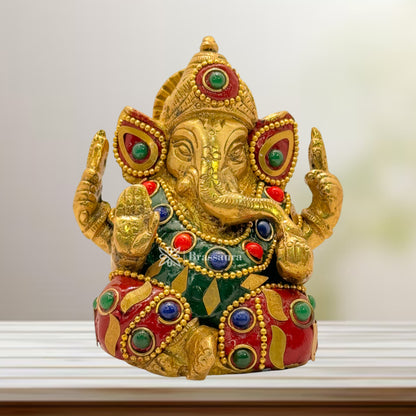 Brass Gem Stone Work Ganesha Statue for Home and Decor Weight .650 Kg Height 9 cm