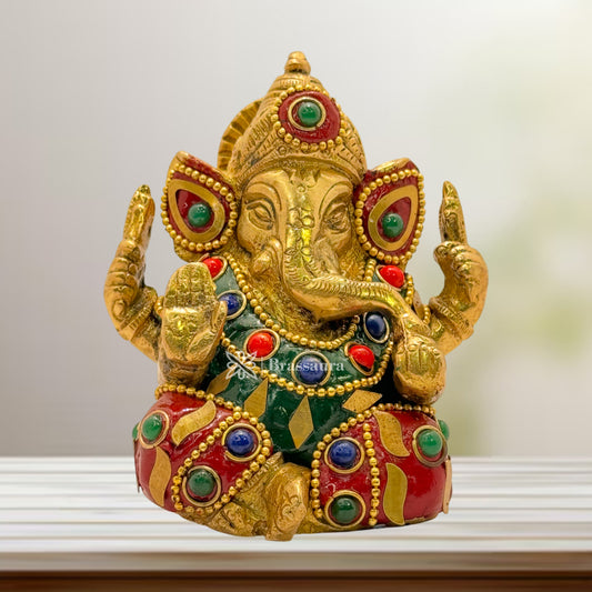 Brass Gem Stone Work Ganesha Statue for Home and Decor Weight .650 Kg Height 9 cm