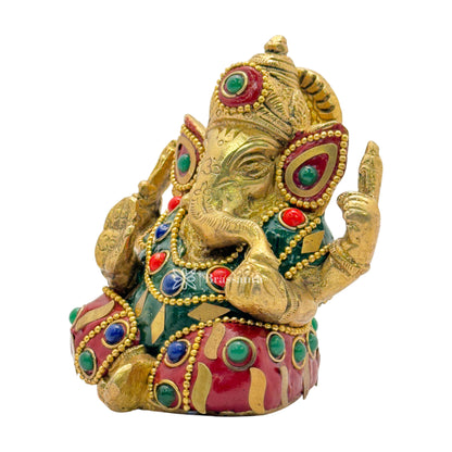 Brass Gem Stone Work Ganesha Statue for Home and Decor Weight .650 Kg Height 9 cm