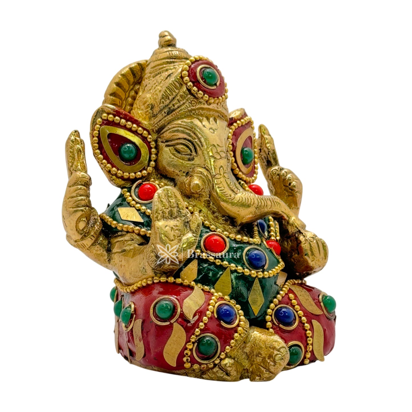 Brass Gem Stone Work Ganesha Statue for Home and Decor Weight .650 Kg Height 9 cm