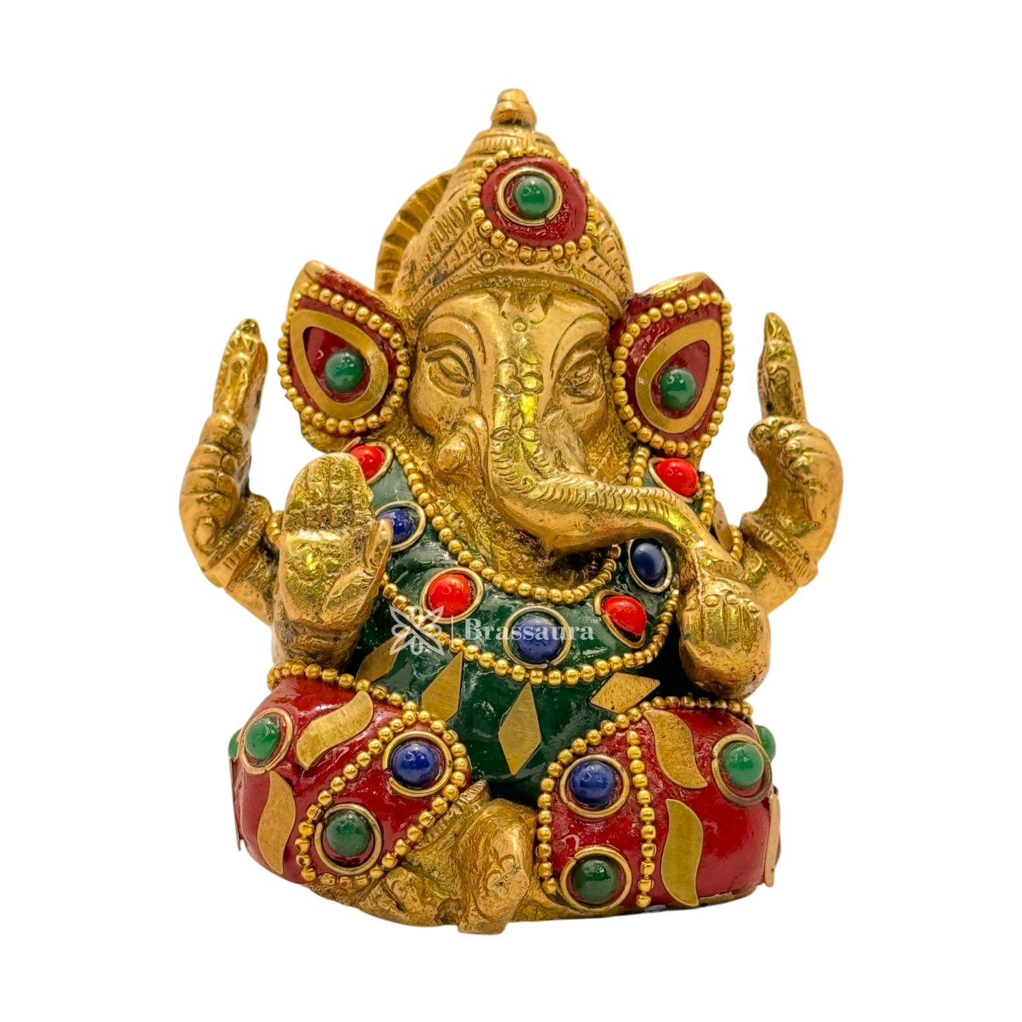 Brass Gem Stone Work Ganesha Statue for Home and Decor Weight .650 Kg Height 9 cm