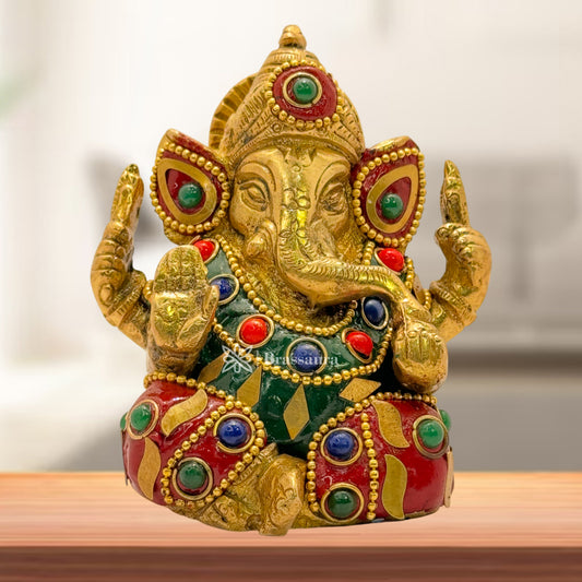 Brass Multi Color Gem Stone Ganesha Statue for Home and Decor Weight .650 Kg Height 9 cm