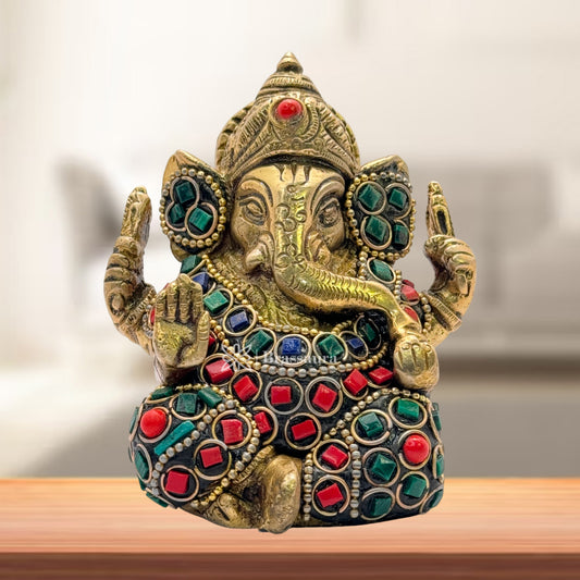 Brass Multi Color Gem Stone Ganesha Statue for Home and Decor Weight .650 Kg Height 9 cm