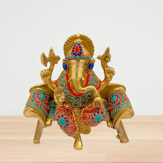 Brass Gem Stone Work Ganesha Weight 5.7 Kg & Height 9 Inch
