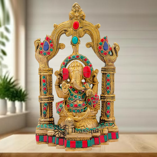Brass Gem Stone Work Ganesha Weight 2.6 Kg & Height 9.5 Inch