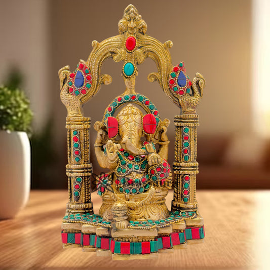 Brass Gem Stone Work Ganesha Weight 2.6 Kg & Height 9.5 Inch
