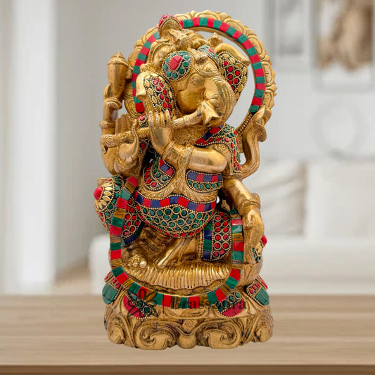 Brass Gem Stone Work Flute Ganesha Weight 7.5 Kg & Height 13 Inch