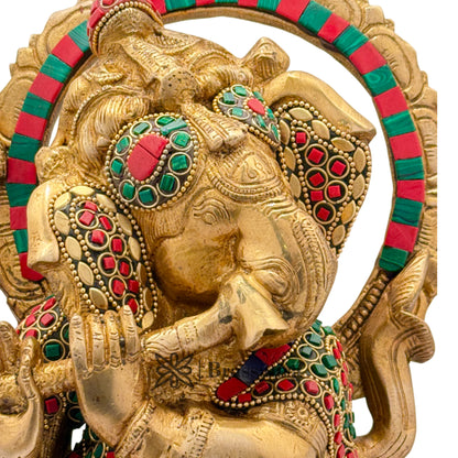 Brass Gem Stone Work Flute Ganesha Weight 7.5 Kg & Height 13 Inch