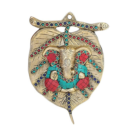 Brassaura™ Brass Gem Stone Work Ganesha Wall Decor for Home and Decor Brass Ganesh Bhagwan Statue for Pooja Room Ganesha Idols for Home Entrace Decor Good Luck Decoration Weight 1 Kg Height 25 cm