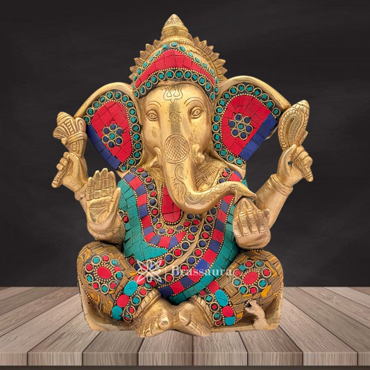 Brass Gem Stone Work Ganesha Weight 5.4 Kg & Height 10 Inch