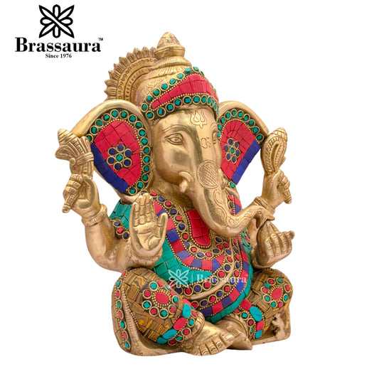 ब्रासुरा® ब्रास जेम स्टोन वर्क गणेश, ऊंचाई 10 इंच