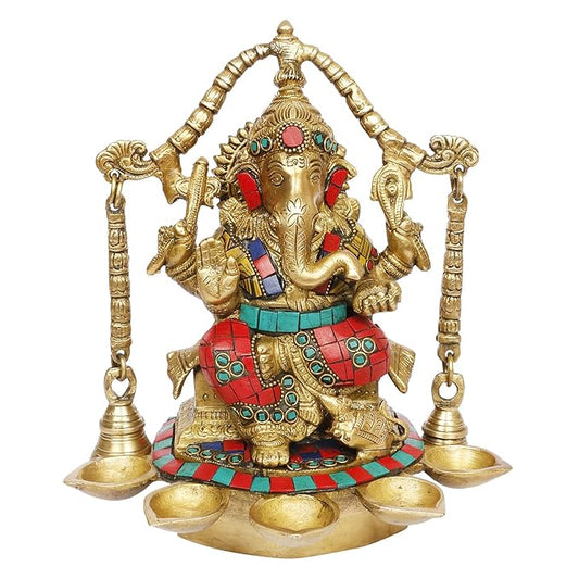 Brassaura™ Brass Jhula Gem Stone Work Ganesha Murti for Home and Decor Brass Ganesh Bhagwan Statue for Pooja Ganesha Idols for Home Entrace Decor Good Luck Vastu Decoration Weight 3.5 Kg 28 Height