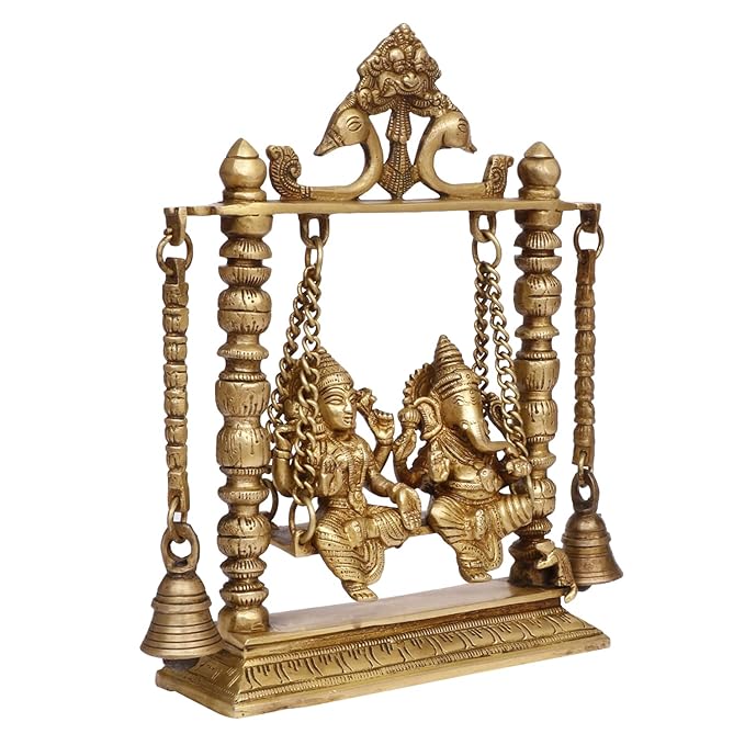 Brass Laxmi Ganesha Jhula Murti for Home and Decor Weight 2.5 Kg Height 28 cm